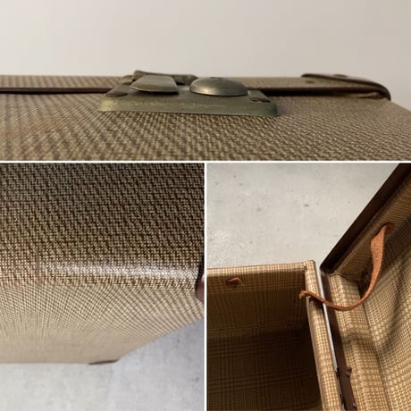 アンティーク ファイバートランク ベージュ/ブラウン 大型68cm グレンチェックインナー トラッドデザイン 金具正常 鍵無し