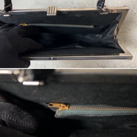 古いレザーのハンドバッグ  細かな型押しレザー シボ ブラック 横型がま口 ヴィンテージバッグ フォーマル 中古良品