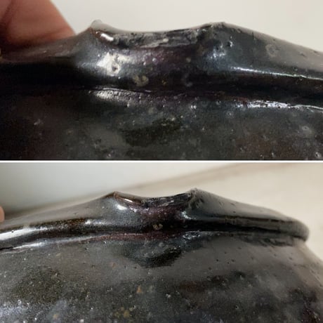 古い片口甕   黒釉 民藝壺 民藝甕 焼物 高さ34cm幅32cm メダカ鉢 睡蓮鉢 金魚鉢 ハス 水栽培 水中昆虫 ビオトープ