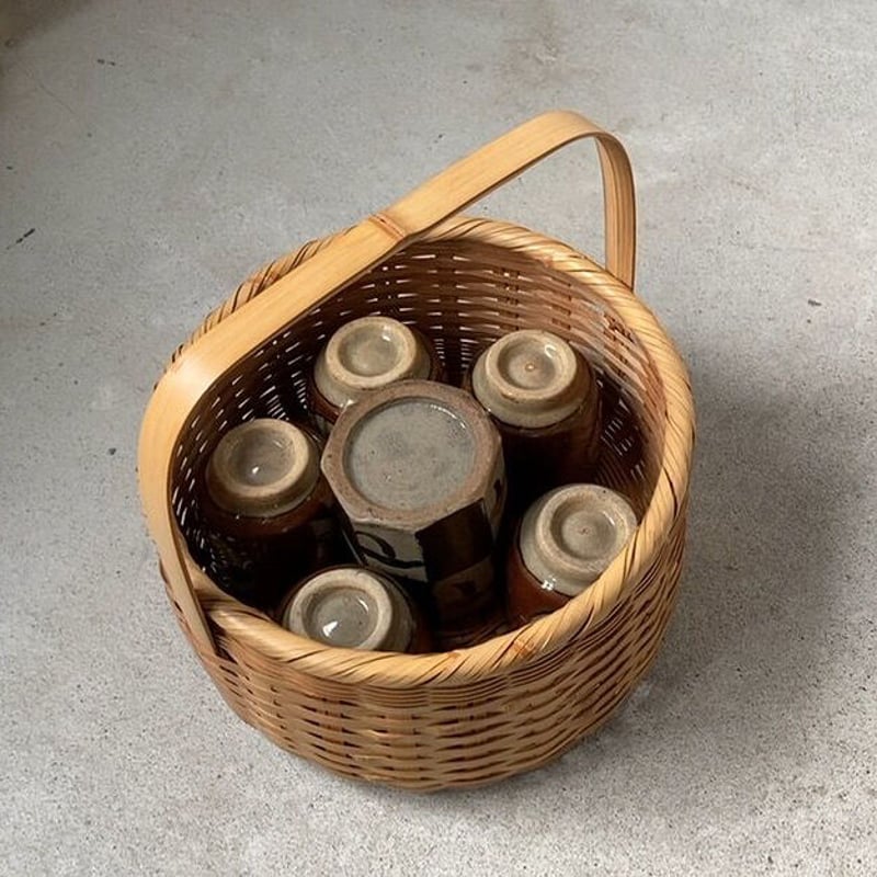丸筒型 持ち手竹籠 幅約27cm 茶碗籠 りんごカゴ 野菜かご 万能籠