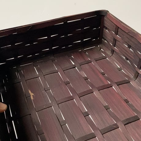 古い竹の平籠  ひしぎ編み 古作工芸品 手仕事 赤竹 中型道具箱 茶器入れ 茶籠 編み籠 良品