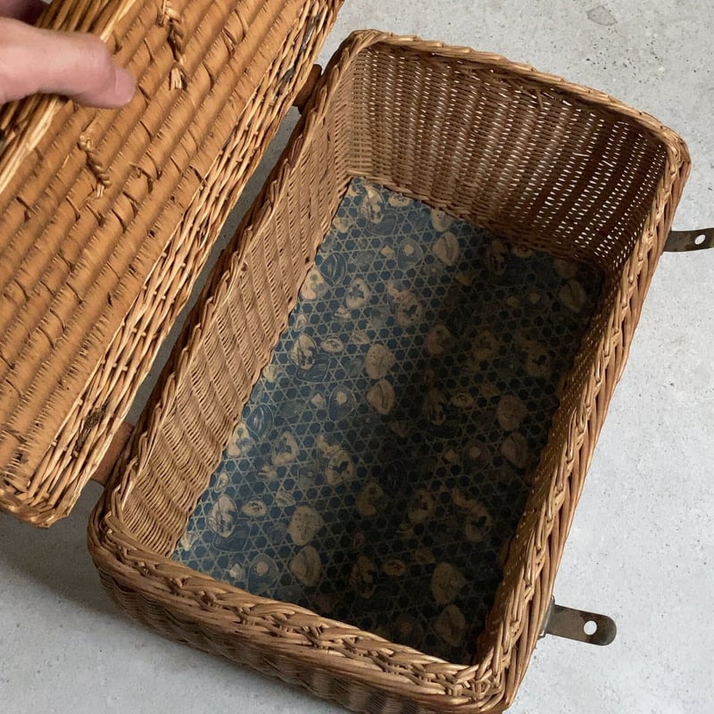 昭和初期の籐編みバスケット アンティークピクニックバスケット 古い茶 