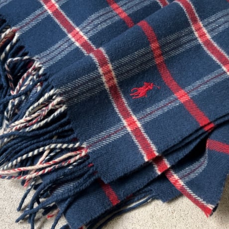 RALPH LAUREN ラルフローレン チェック柄 大判ストール ウール100% ひざ掛け 膝掛け 肩掛け マフラー ダークブルー/赤/白 好配色 POLO ポロ 中古美品
