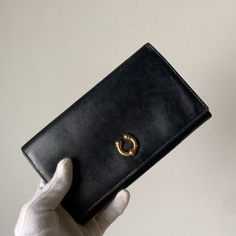 GUCCI  オールドグッチ  ロングウォレット ホースシューゴールド金具 ブラックスムースレザー 2つ折 がま口 70s80s ヴィンテージウォレット