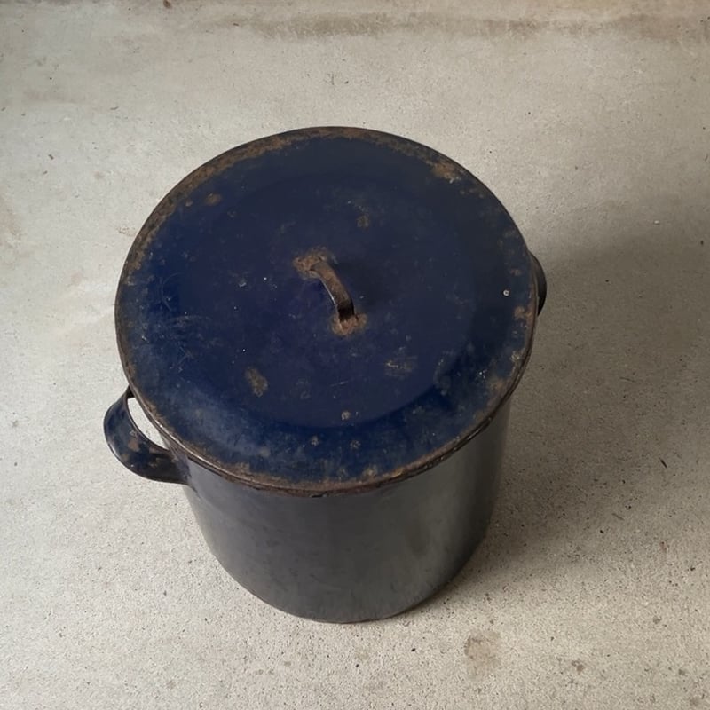 古いホーロー 特大 蓋付き キャニスター ダークネイビー ヴィンテージ
