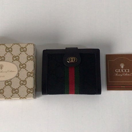 GUCCI オールドグッチ 2つ折りWホックコンパクトウォレット ミニ財布 レザー/ GGキャンバス ブラック 極美品　ヴィンテージウォレット