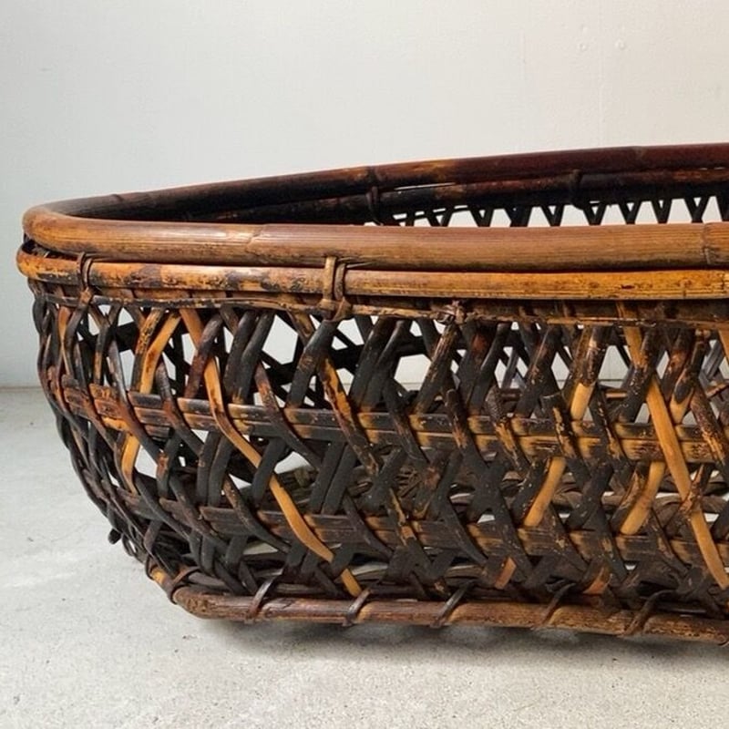 明治期 みかん籠 舟型大籠 幅約80cm 黒ヤケ黒光 トロトロ佇まい 飾り