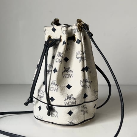 MCM オールドエムシーエム ヴィセトス柄 モノグラム ホワイト 総レザー 巾着ミニショルダーバッグ ポシェット 中古良品