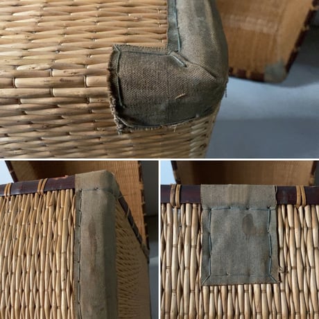 小さめの柳行李 幅約57cm ゴザ編みの蓋付編箱 エンブレム型ネームタグ 柿渋染補強 昭和初期 戦前  状態良好