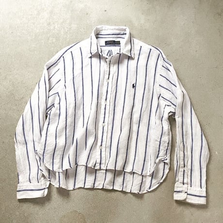 POLO RALPH LAUREN ポロ ラルフローレン 2020年製 クロップドリネンシャツ 白/青ストライプ ドロップショルダー size XS  USED 美品