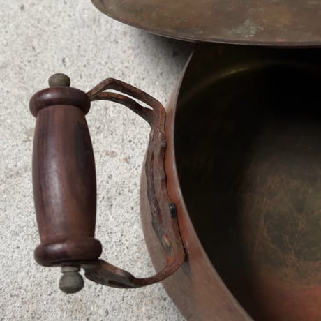 Old COPPER100 HOMEWARE 新光金属 コッパー100 ホームウェア 純銅ヴィンテージ コルドロン 両手鍋 20cm 木製ハンドル 木製摘み  ヴィンテージキッチンツール  中古良品