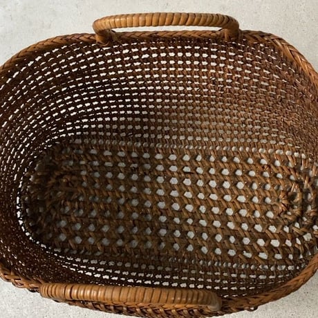 古い籐巻きの煎茶籠 大きめサイズ35 cm  更紗無し  ヴィンテージカゴバッグ 完品