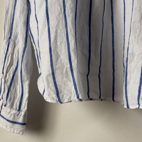 POLO RALPH LAUREN ポロ ラルフローレン 2020年製 クロップドリネンシャツ 白/青ストライプ ドロップショルダー size XS  USED 美品