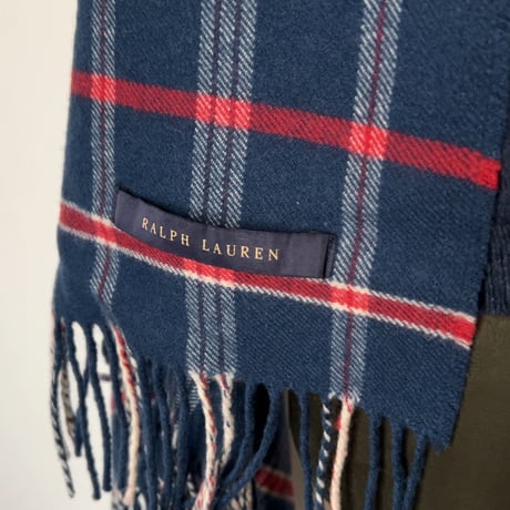 RALPH LAUREN ラルフローレン チェック柄 大判ストール ウール100% ひざ掛け 膝掛け 肩掛け マフラー ダークブルー/赤/白 好配色 POLO ポロ 中古美品