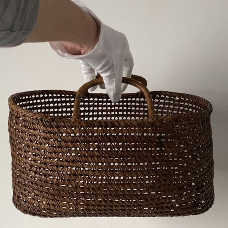 古い籐巻きの煎茶籠 大きめサイズ35 cm  更紗無し  ヴィンテージカゴバッグ 完品