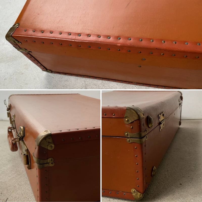 ヴィンテージ トランク ファイバー素材 ブラウン 真鍮金具 内装 花柄