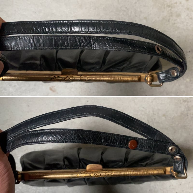 ヴィンテージ パーティバッグ ブラックレザー/真鍮がま口 ギャザー