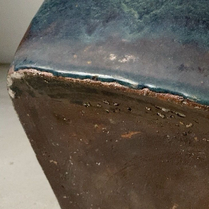 古い四角火鉢 最大幅45cm 海鼠(なまこ)釉 瑠璃釉 深海色 メダカ