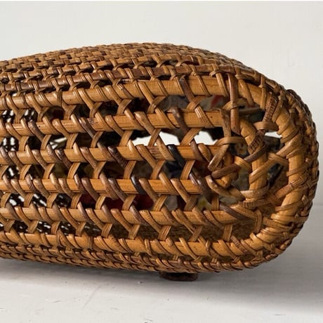 古い籐巻きの煎茶籠 小さめサイズ 24cm  更紗あり  ヴィンテージカゴバッグ 完品