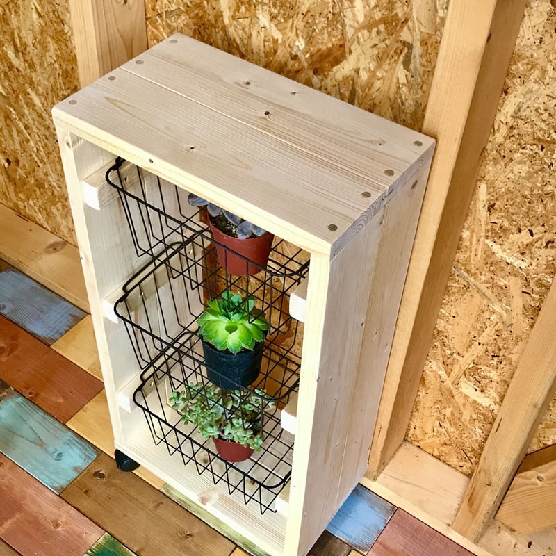 ワイヤーバスケットシェルフ3段【handmade】無塗装キャスター付き