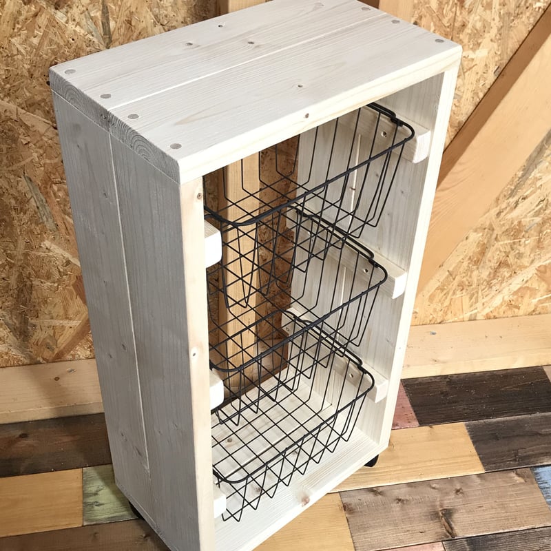 ★再販★ワイヤーバスケット5段シェルフ【handmade】ホワイト/キャスター付 ☆再販☆ワイヤーバスケットシェルフ5段【handmade】ホワイト