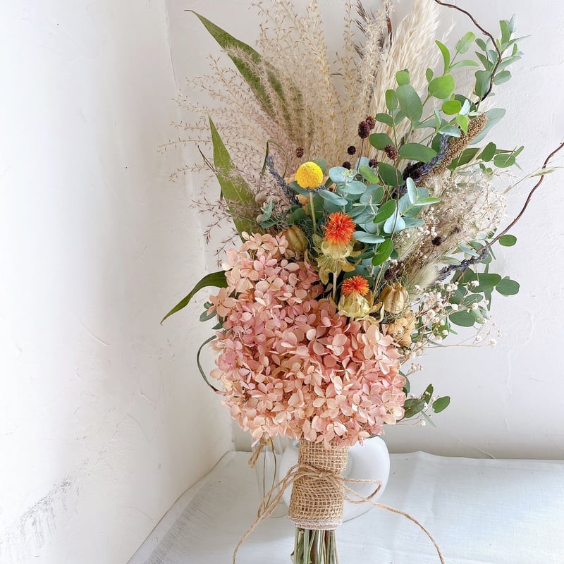 秋色紫陽花のドライフラワー横長スワッグ ドライフラワー 水無月紫陽花 パンパスグラス 秋色スワッグ