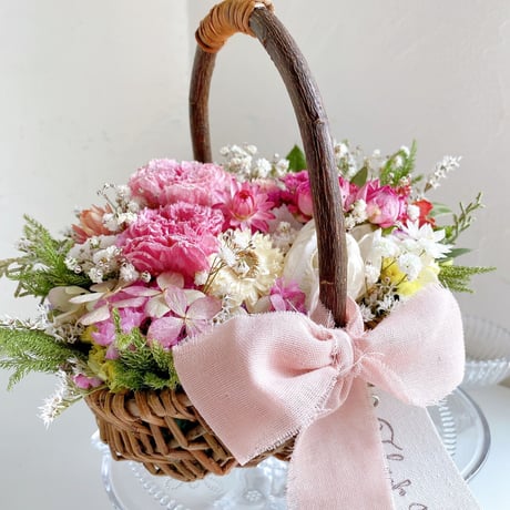 ドライフラワー フラワーバスケット 花籠 White&pink