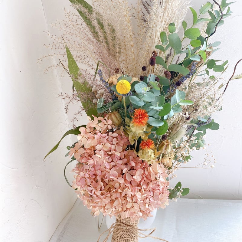 秋色紫陽花ブーケスワッグ ドライフラワー 水無月紫陽花 パンパスグラス 秋色スワッグ ブーケ