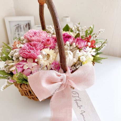 ドライフラワー フラワーバスケット 花籠 White&pink