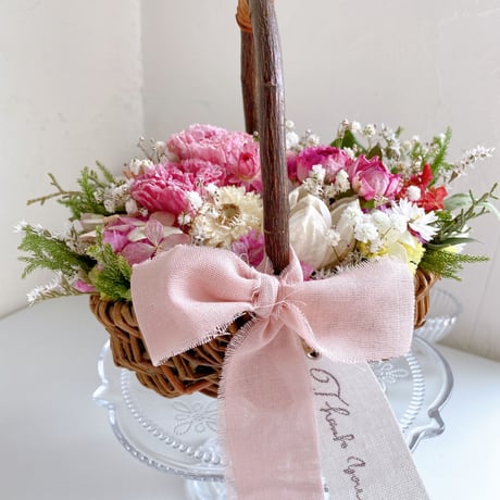 ドライフラワー フラワーバスケット 花籠 White&pink