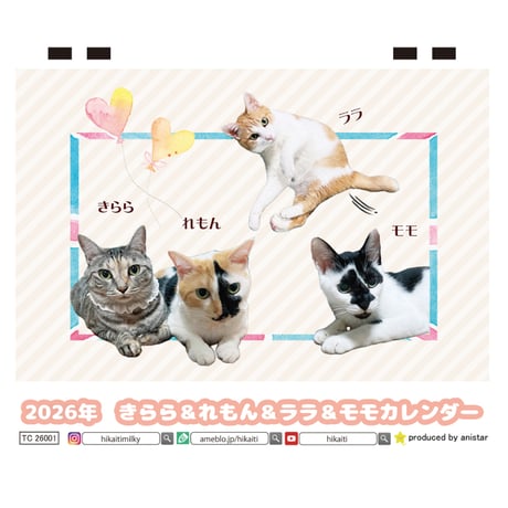 【予約販売】 きらら＆れもん＆ララ＆＆モモ 猫 2026年 卓上カレンダー TC26229