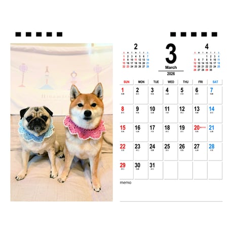 【予約販売】 ラル＆アキ パグ 柴犬 2026年 卓上カレンダー TA26046