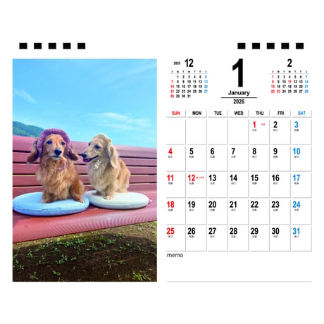 【予約販売】 ローちゃん ミッちゃん ダックスフンド 犬 2026年 卓上半面 カレンダー TA26032
