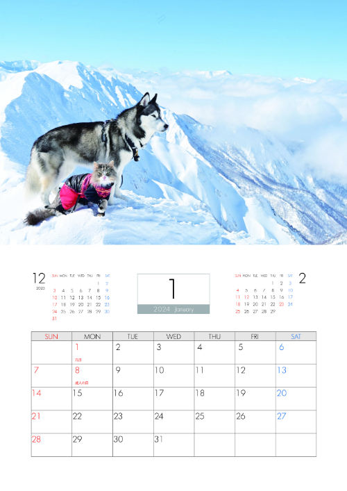  シベリアンハスキー犬と猫 のの Guri 2024年 壁掛け カレンダー KK24240