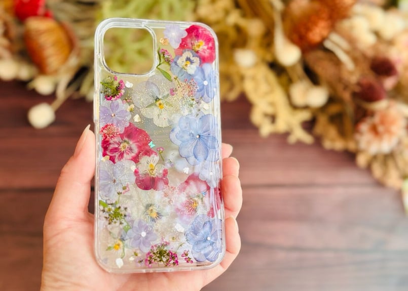 押し花　iPhone スマホ　ケース　オーダーメイド  ハンドメイド ハンドメイドの 押し花 iPhone ケース NO.695】押し花＆レジン