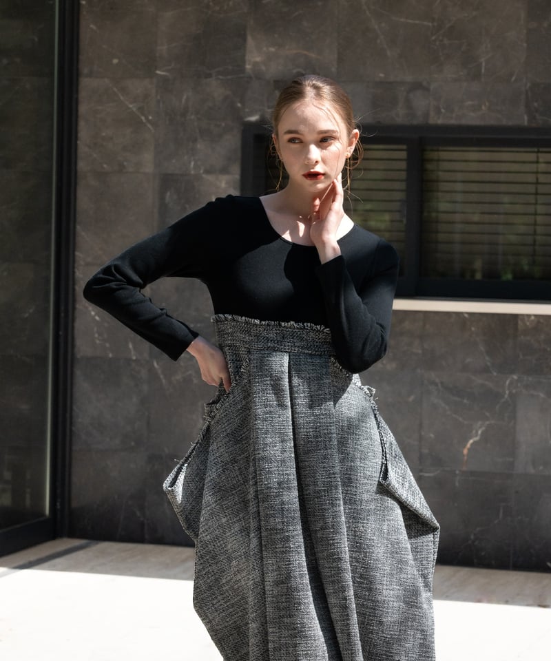 acka】docking tweed cocoon one-piece