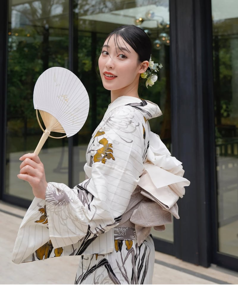 utatane×Acka.】浴衣4点セット 菖蒲と糸菊 白（ラメ）