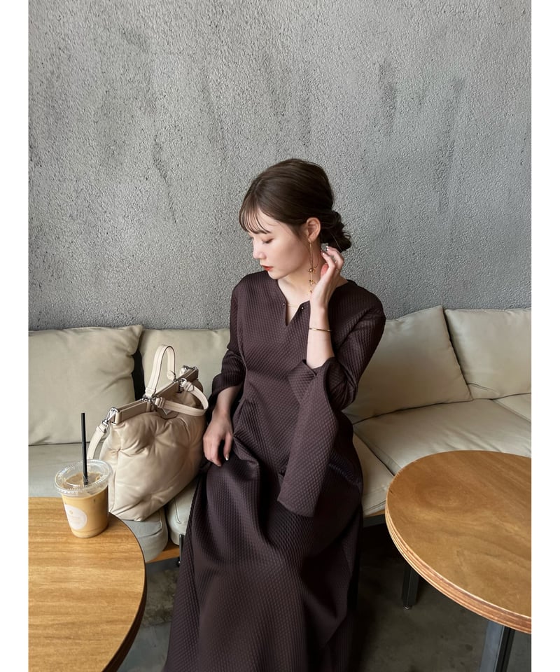 Acka slit shirring one-piece brown - ロングワンピース