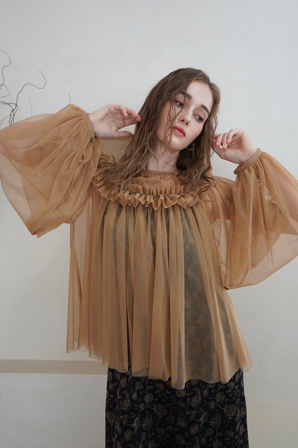 acka　gather tulle blouse　ブラウン