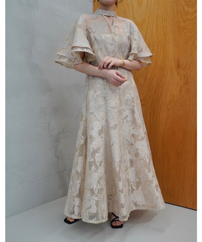 [本日限定]acka all sheer flower dress（beige）二重に重ねたフレア袖は