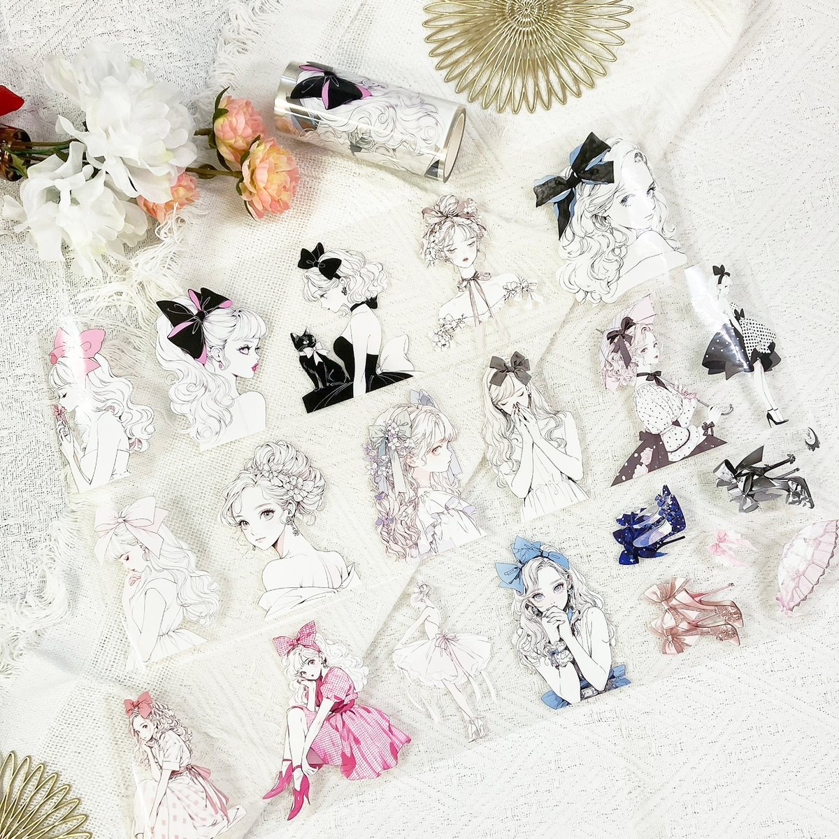 て*ら様 【未使用品】国内作家様 PETテープ まとめ売り　ハル×文具女子さんt teateaコラボ】 リボンガールPETテープ | ハル×文具女子の文具専門店