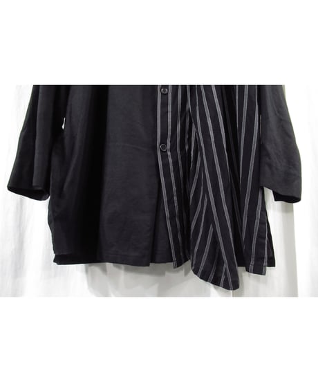 17ss yohji yamamoto pour homme 半身ストライプ レイヤードデザイン ノーカラーブラウス（HD-B25-809）