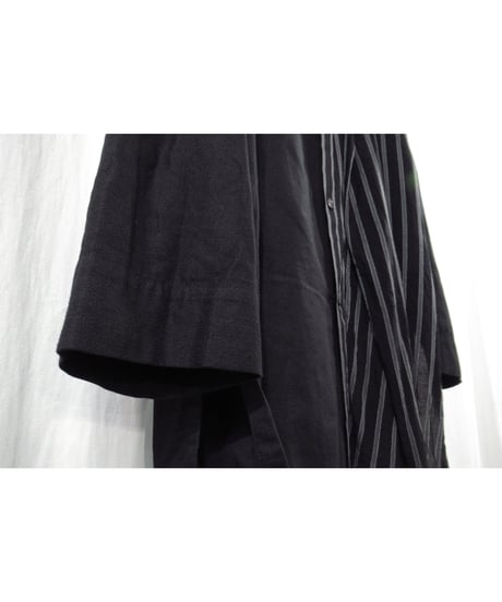 17ss yohji yamamoto pour homme 半身ストライプ レイヤードデザイン ノーカラーブラウス（HD-B25-809）