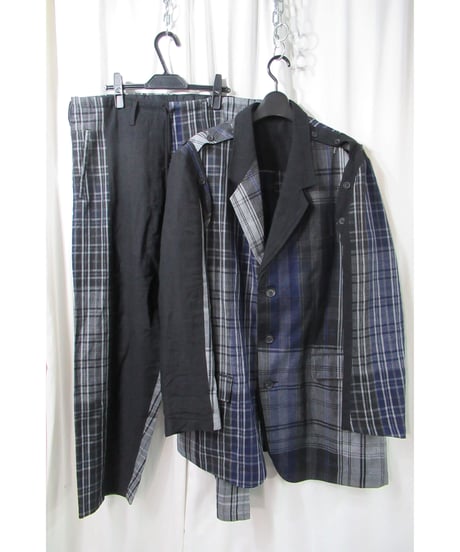 21ss yohji yamamoto pour homme 麻 チェック アシトメリーデザインセットアップ（HD-J45-831/HD-P63-831）