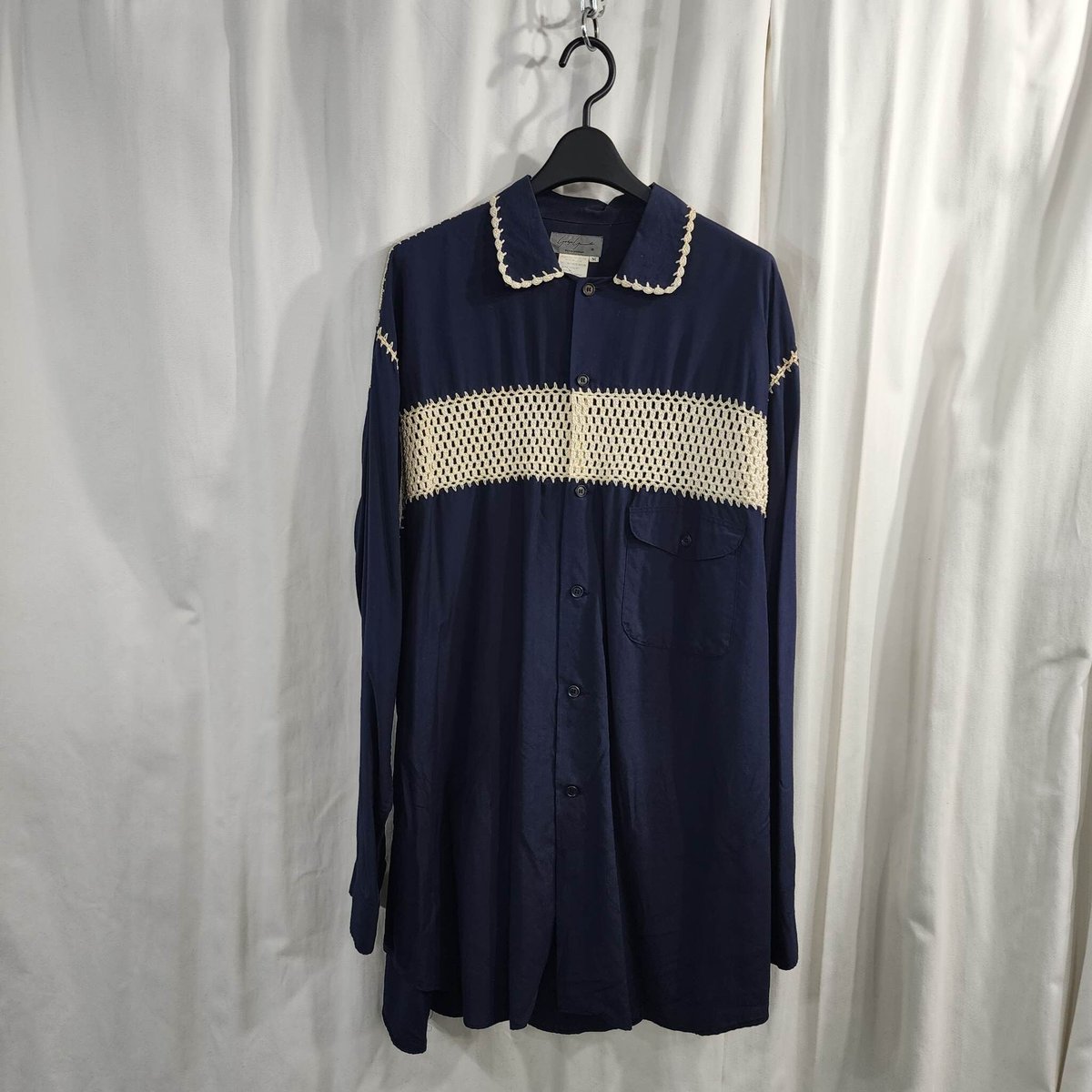 Yohji Yamamoto pour homme 麻 左前プリーツシャツ 紺