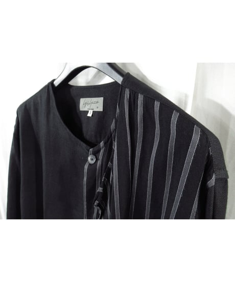 17ss yohji yamamoto pour homme 半身ストライプ レイヤードデザイン ノーカラーブラウス（HD-B25-809）
