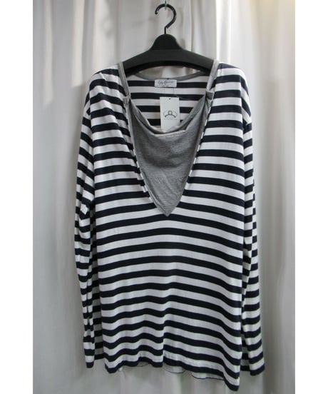 15ss yohji yamamoto pour homme ネイビー×ホワイト ストライプデザインTシャツ（HU-T43-096）