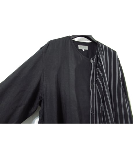17ss yohji yamamoto pour homme 半身ストライプ レイヤードデザイン ノーカラーブラウス（HD-B25-809）