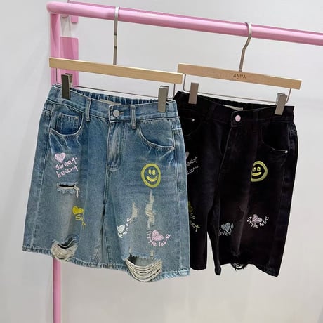 0846 ニコちゃんdamage デニムpants/2カラー
