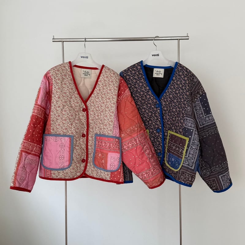 リネン✖️シルク混紡 パッチワーク　中綿ジャケット　半纏　長袖 0498 パッチワーク kilt jacket/2カラー | riru select